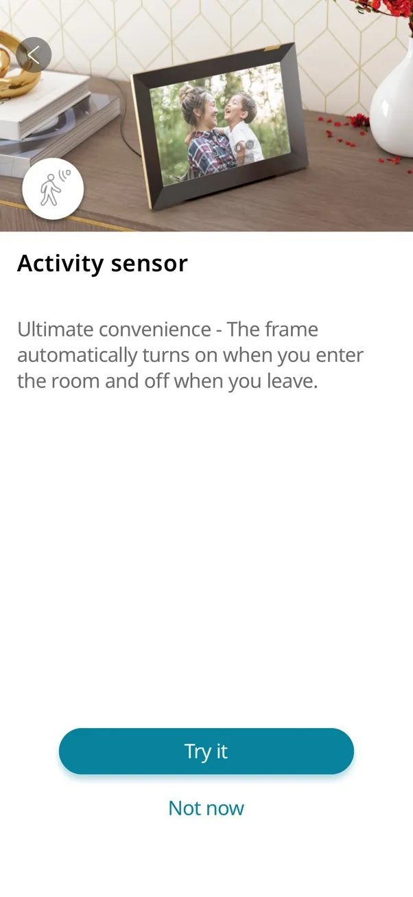 The Nixplay app explaining the activity sensor, which turns the frame on when you enter the room and off when you leave